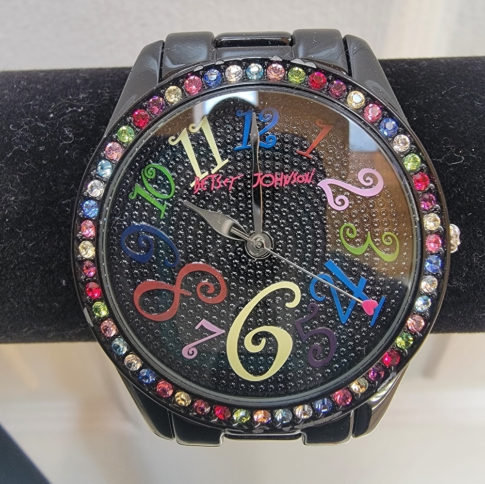 Betsey Johnson Rainbow Crystal Stones with Black Metal Band